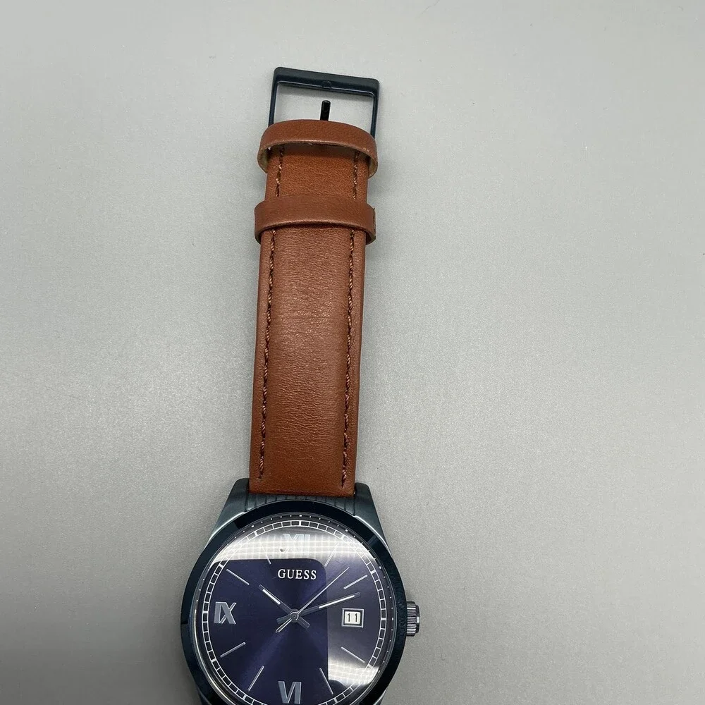 Guess Steel U0874G4 Mens Watch 40mm Blue Dial Brown Leather Date New Battery